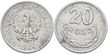 Польша 20 грошей 1968 MW KM А47 алюминий 4564-1061