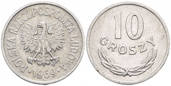 ПОЛЬША 10 ГРОШЕЙ 1969 MW KM АА47 алюминий 4547-862