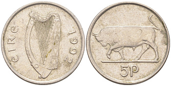 Ирландия 5 пенсов 1992 бык KM 28 медно-никель 188-119