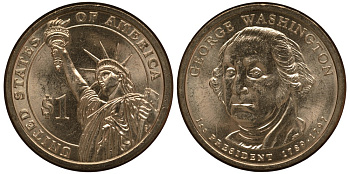 США 1 доллар 2007 P, серия президенты США, Джордж Вашингтон (1789-1797), из ролла KM 401 медь с марганцево-латунным покрытием UNC M1-21