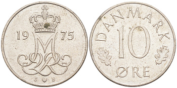 ДАНИЯ 10 ЭРЕ 1975 S; B, МАРГРЕТЕ II (1972-) KM 860.1 медно-никель 105-814