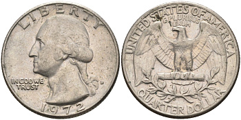 США 25 центов (квотер) 1972 D, Вашингтон KM 164a медь плакированная медно-никелем 4584-1021