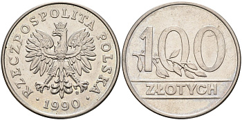 Польша 100 злотых 1990 MW, Демократическая Республика KM 214, Parchimowicz 602 медно-никель 4185-1016