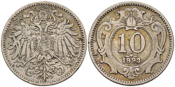 Австрия 10 геллеров 1893 Франц Иосиф I (1848-1916) KM 2802 никель 4585-131