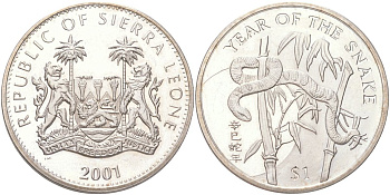 Сьерра-Леоне 1 доллар 2001 Год Змеи KM 198 медно-никель BU 4368-1032