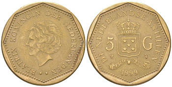Нидерландские Антилы 5 гульденов 1999 Беатрикс (1980-2013) KM 43 сталь плакированная латунью 4398-257