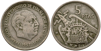 Испания 5 песет 1957 (58) Франсиско Франко (1939-1975) KM 786 медно-никель 186-417