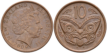 Новая Зеландия 10 центов 2009 маска Маори, Елизавета II (1952-) KM 117а сталь плакированная медью 4179-743