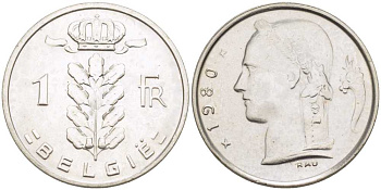 БЕЛЬГИЯ 1 ФРАНК 1980 BELGIE, БОДУЭН I (1951-1993) KM 143.1 медно-никель UNC 213-411