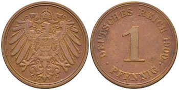 ГЕРМАНИЯ 1 ПФЕННИГ 1900 A KM 10, J. 10, Weege 2 медь 211-243