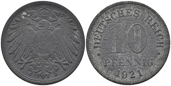 Германия 10 пфеннигов 1921  KM 26, J. 299 цинк 4116-545