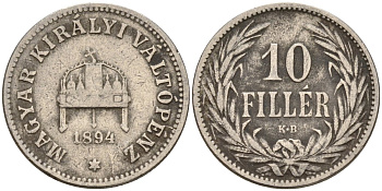 Венгрия 10 филлеров 1894 KB, Франц Иосиф I (1848-1916) KM 482 никель 4151-1052