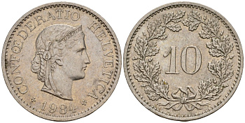 Швейцария 10 раппенов 1984 KM 27 медно-никель 4189-432