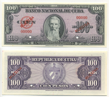 КУБА 100 ПЕСО 1958 ДВЕ ДИАГОНАЛЬНЫЕ КРАСНЫЕ НАДПЕЧАТКИ MUESTRA, ПРОСЕЧКИ, НОМЕР 00000 Pick 82s3 бумага UNC (ПРЕСС) 000-00-00