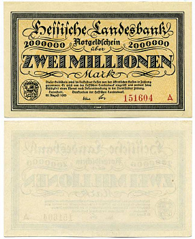 ДАРМШТАДТ, ГЕРМАНИЯ 2000000 МАРОК (ДВА МИЛЛИОНА МАРОК) 1923 22 АВГУСТА 1923, НОТГЕЛЬД, ЗЕМЛЯ ГЕССЕН, СЕРИЯ А, HESSESCHE LANDESBANK Keller 956а бумага аUNC 8613-27-1-2