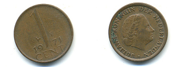 НИДЕРЛАНДЫ 1 ЦЕНТ 1971 ЮЛИАНА KM 180 бронза 83-946