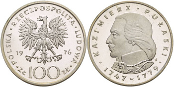 Польша 100 злотых 1976 MW, Казимир Пулавский (1747-1779), в оригинальной упаковке KM 84, Parchimowicz 275 серебро PROOF 5-3-1-31