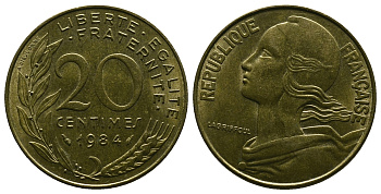 Франция 20 сантимов 1984 тип Marianne KM 930, Le Franс 156.24 медь алюминий никель 4384-757