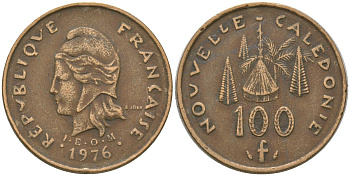Французская Новая Каледония 100 франков 1976 хижина среди сосен и пальм, (IEOM) KM 15, Schoen 16, Lec 130 никель латунь 4137-524