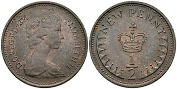 Великобритания 1/2 пенни 1974 Елизавета II (1952-2022) KM 914, Spink 4239 бронза 4396-1069