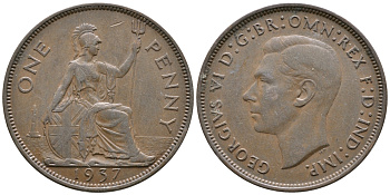 Великобритания 1 пенни 1937 Георг VI (1936-1952) KM 845, Spink 4114 бронза 4364-4234