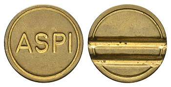 Франция жетон для автомойки "ASPI" диаметр 22 мм, вес 6,1 гр латунь 4670-521