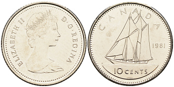 Канада 10 центов 1981 Елизавета II (1952-2022), парусник KM 77.2 никель  UNC  4147-359