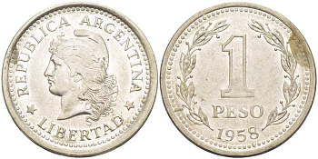 Аргентина 1 песо 1958 голова свободы влево KM 57 сталь плакированная никелем 4514-932