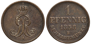 Ганновер 1 пфенниг 1858 B, Георг V KM 233, AKS 156, J. 90 медь 4594-156