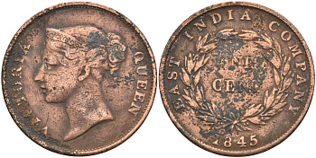 Стрейтс-Сетлментс 1 цент 1845 Виктория (1837-1901), Ост-Индская компания KM 3 медь 4590-144