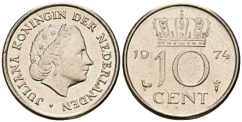 Нидерланды 10 центов 1974 Юлиана (1949-1980) KM 182 никель    4598-317