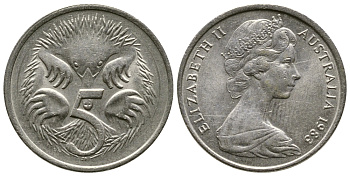 АВСТРАЛИЯ 5 ЦЕНТОВ 1983 ЕЛИЗАВЕТА II, МОЛОДОЙ ПОРТРЕТ, ЕХИДНА KM 64 медно-никель 84-826