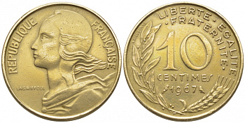 ФРАНЦИЯ 10 САНТИМОВ 1967 ТИП MARIANNE KM 929 медь алюминий никель 105-1227