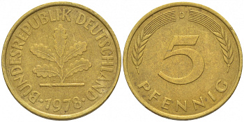 ФРГ 5 ПФЕННИГОВ 1978 D KM 107, J.382 сталь плакированная латунью 3996-1153