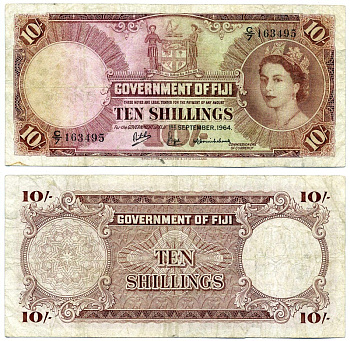 ФИДЖИ 10 ШИЛЛИНГОВ 1964 1 СЕНТЯБРЯ 1964, ЕЛИЗАВЕТА II Pick 52d бумага 451-386-2