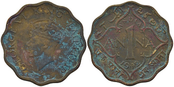 Британская Индия 1 анна 1942 Георг VI KM 537а никель латунь 28-535