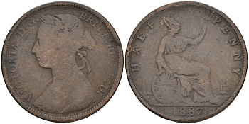 Великобритания 1/2 пенни 1887 Виктория (1837-1901) KM 754, Spink 3956 бронза 4561-517
