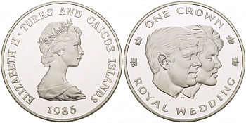 ТЕРКС И КАЙКОС 1 КРОНА 1986 КОРОЛЕВСКАЯ СВАДЬБА ПРИНЦА ЧАРЛЬЗА И ЛЕДИ ДИАНЫ KM 60а серебро PROOF 1068-1-12