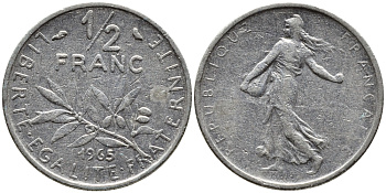 Франция 1/2 франка 1965 сеятель KM 931, Le Franc 198.3 никель 4392-459