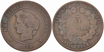 ФРАНЦИЯ 5 САНТИМОВ 1873 A, ТРЕТЬЯ РЕСПУБЛИКА (1871-1940) KM 821.1, LE FRANC 118.8 бронза 108-716
