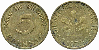 ФРГ 5 ПФЕННИГОВ 1970 F KM 107, J. 382 сталь плакированная латунью 112-146