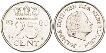 НИДЕРЛАНДЫ 25 ЦЕНТОВ 1980 КОРОЛЕВА ЮЛИАНА KM 183 никель 3955-158