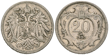 Австрия 20 геллеров 1893 Франц Иосиф (1848-1916) KM 2803 никель 4615-669