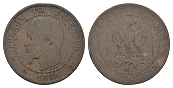 Франция 10 сантимов 1856 A, Наполеон III (1852-1870) KM 771.1, Le Franc 133.32 бронза 4683-242