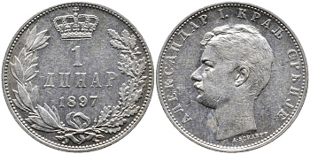 Сербия 1 динар 1897 Александр I (1889-1902) KM 21 серебро 441-721