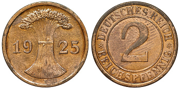 Германия 2 рейхспфеннига 1925 E KM 38, J. 314, Weege 4 бронза 4121-611