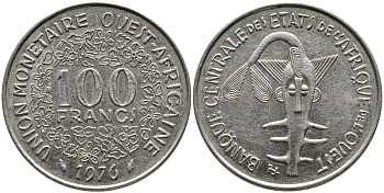 ВАЛЮТНЫЙ СОЮЗ СТРАН ЗАПАДНОЙ АФРИКИ 100 ФРАНКОВ 1976 ФЕДЕРАЦИЯ KM 4 никель 4538-312