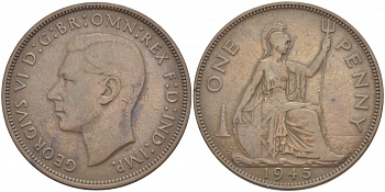 Великобритания 1 пенни 1945 Георг VI (1936-1952) KM 845, Spink 4114 бронза 3996-212