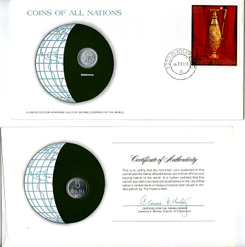 Румыния 5 бань (бани) 1975 конверт с маркой первого дня гашения, Coins of Nations KM 92a алюминий UNC 4294-19-2