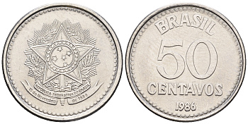 Бразилия 50 сентаво 1986 реформа 1986-1989 KM 604 нержавеющая сталь UNC 87-514